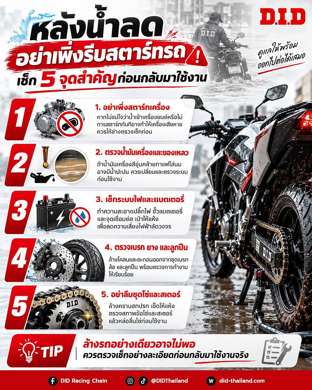 หลังน้ำลดอย่าเพิ่งรีบสตาร์ทรถ D.I.D แนะเช็ก 5 จุดสำคัญก่อนกลับมาใช้งาน